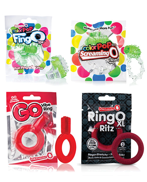 Collage of four items included with the Screaming O 12 Days Of SeXXXmas. There's the FingO Pop, ColorPop Ring, Go Vibe Ring, and RingO XL. | Kinkly Shop