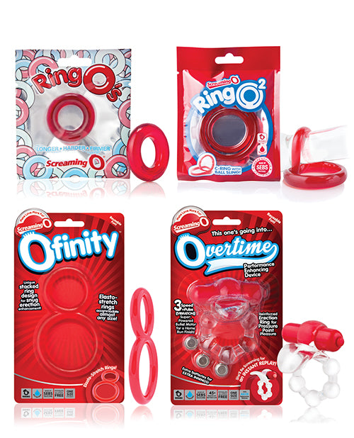 Collage of four items included with the Screaming O 12 Days Of SeXXXmas. There's the Ring O, RingO2, Ofinity, and Overtime. | Kinkly Shop