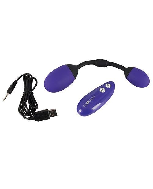 Everything that's included with the GoGasm Vibrating Pussy & Ass Balls except the battery is shown. There's the toy, charging cable, and remote. | Kinkly Shop