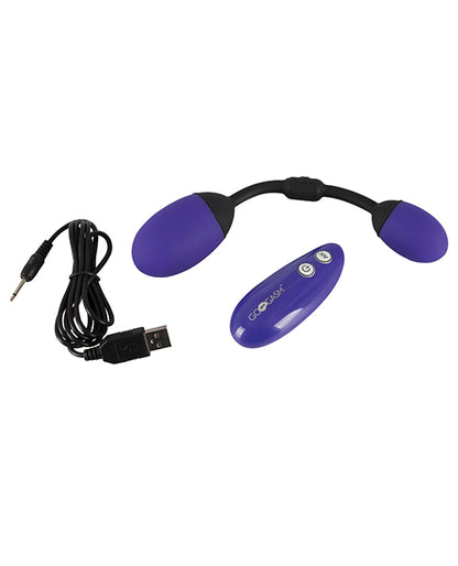 Everything that's included with the GoGasm Vibrating Pussy & Ass Balls except the battery is shown. There's the toy, charging cable, and remote. | Kinkly Shop