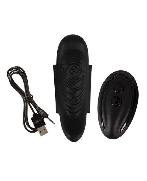 Everything that's included with the GoGasm Panty Vibrator. There's the vibrator itself, the remote control, and the charging cable. | Kinkly Shop