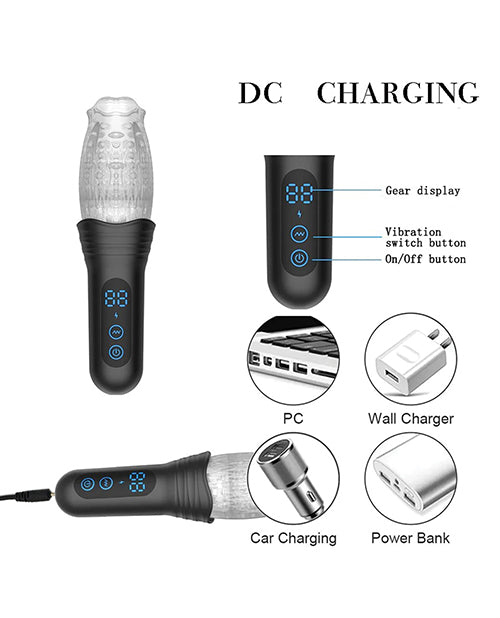 The Male Rose Pro: Thrusting, Rotating, & Vibrating 3D is rechargeable via USB. It has 2 buttons on the base of the handle that control the sex toy. | Kinkly Shop