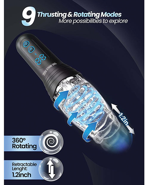 Information image of the The Male Rose Pro: Thrusting, Rotating, & Vibrating 3D. Text includes: 9 thrusting and rotating modes. More possibilities to explore. 360 degree rotating. Thrusting length: 1.2" | Kinkly Shop