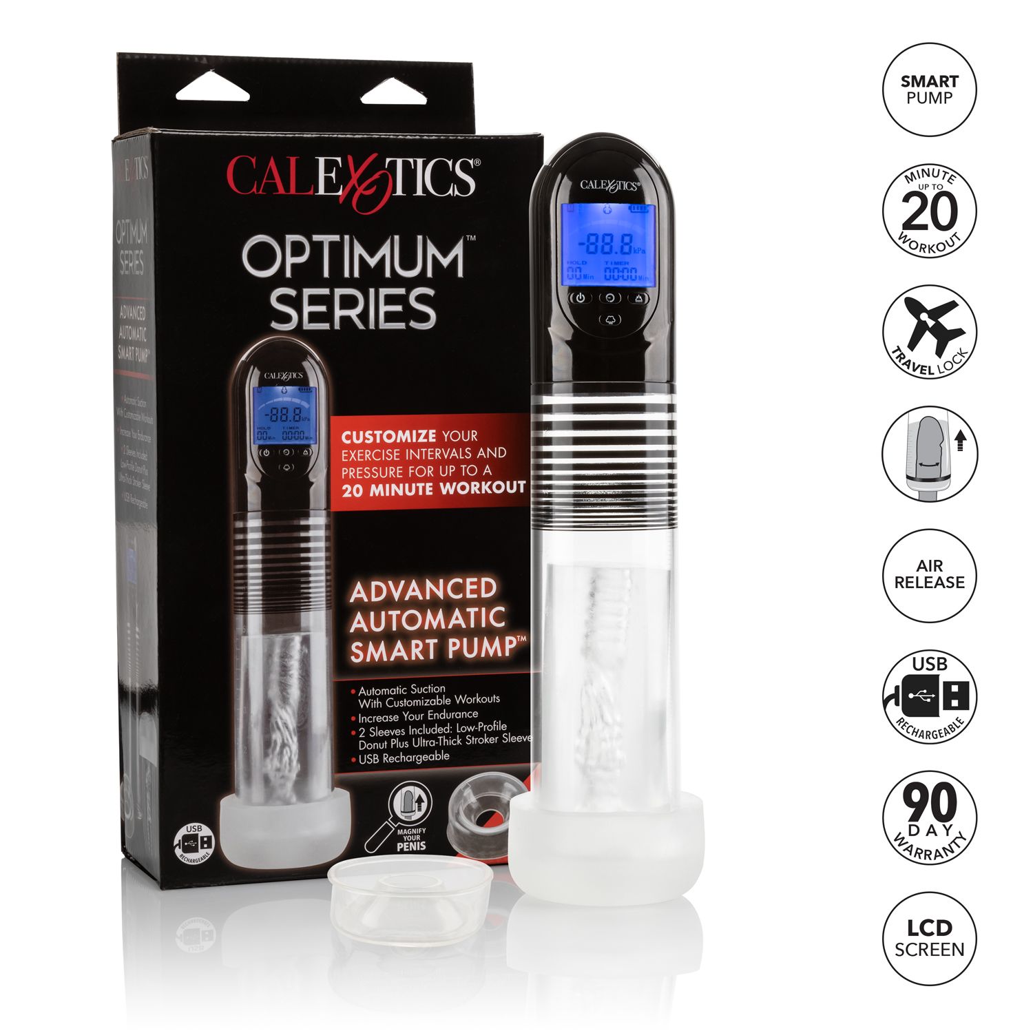 The packaging for the Optimum Series Advanced Auto Smart Pump with feature text listed next to it. Text reads: "Up to 20 minute workout. Travel lock. Smart pump. Air release. USB Rechargeable. 90 Day Warranty. LCD Screen." | Kinkly Shop