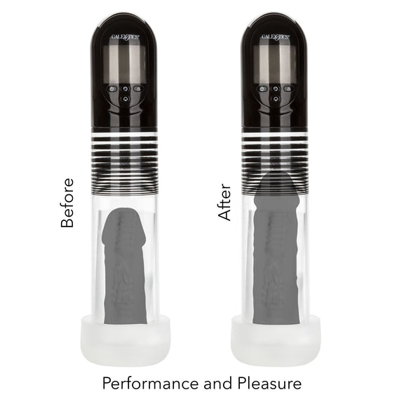Two images of the Optimum Series Advanced Auto Smart Pump, shown side-by-side. In the left-hand image, the penis is soft and smaller. In the right-hand image, after using the penis pump, the penis is fully erect. | Kinkly Shop