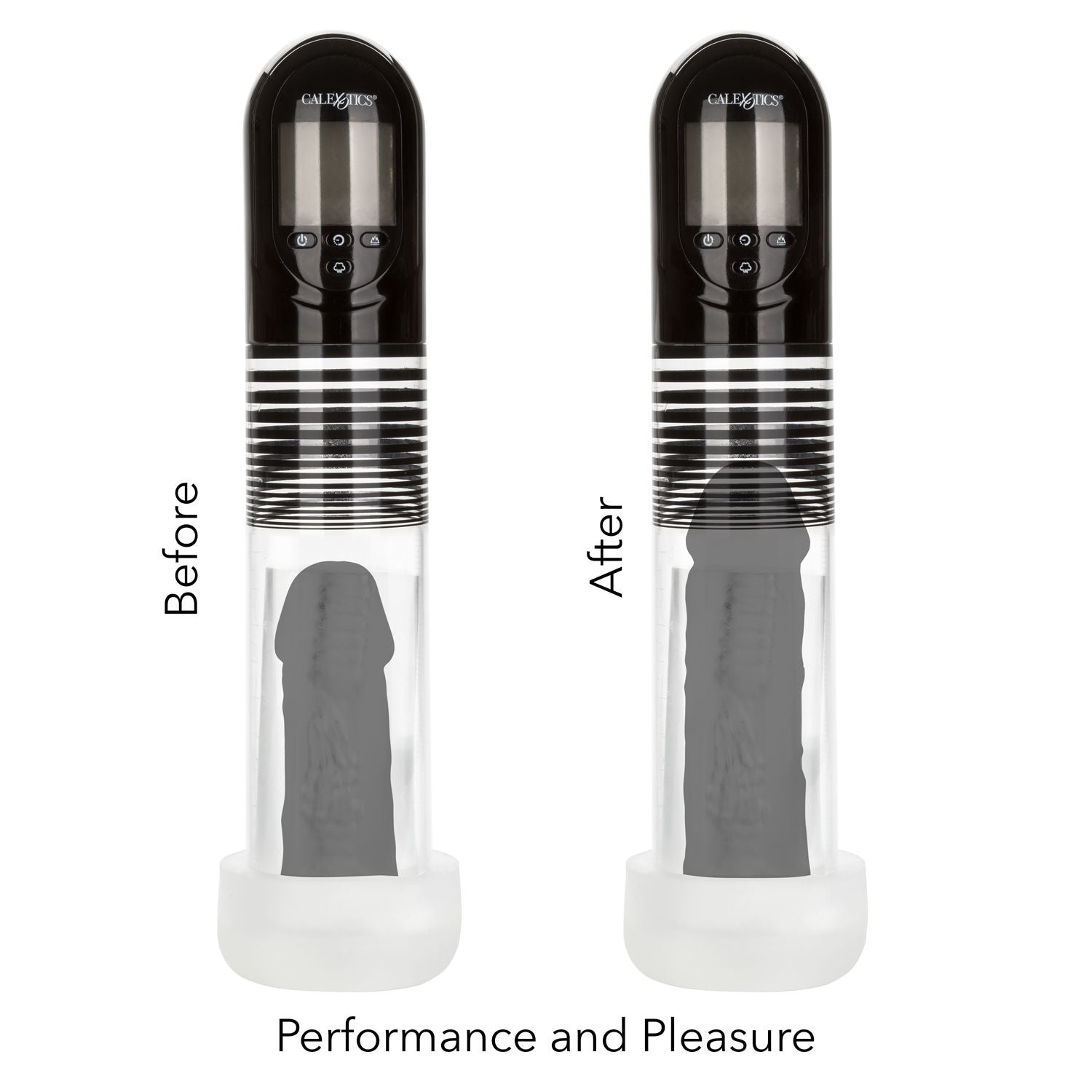 Two images of the Optimum Series Advanced Auto Smart Pump, shown side-by-side. In the left-hand image, the penis is soft and smaller. In the right-hand image, after using the penis pump, the penis is fully erect. | Kinkly Shop