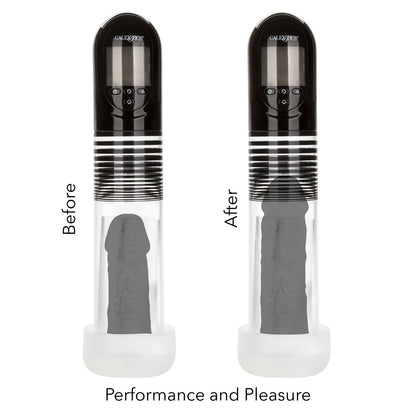 Two images of the Optimum Series Advanced Auto Smart Pump, shown side-by-side. In the left-hand image, the penis is soft and smaller. In the right-hand image, after using the penis pump, the penis is fully erect. | Kinkly Shop
