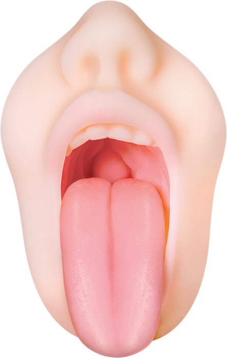 The mouth opened on the Zero Tolerance Real Mouth Stroker. This shows the tongue, throat texturing, and the teeth inside of the stroker. | Kinkly Shop
