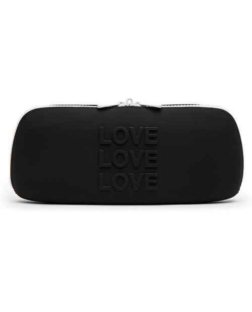 The Love Medium Silicone Storage Bag in front of a plain white background. The bag is very deep black with the words "Love" three times protruding from the silicone surface. | Kinkly Shop