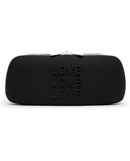 The Love Medium Silicone Storage Bag in front of a plain white background. The bag is very deep black with the words "Love" three times protruding from the silicone surface. | Kinkly Shop