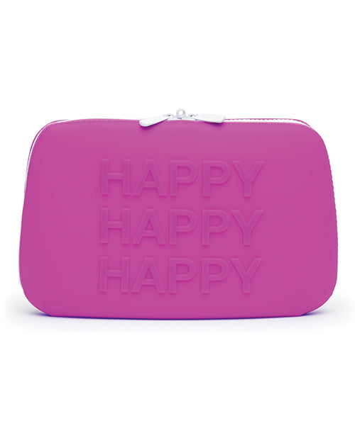 The Happy Large Silicone Storage Bag in front of a plain white background. It's purple silicone with a white zipper and zipper track. It has the word "Happy" printed on it three times. | Kinkly Shop