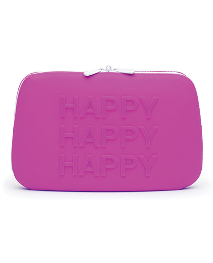 The Happy Large Silicone Storage Bag in front of a plain white background. It's purple silicone with a white zipper and zipper track. It has the word "Happy" printed on it three times. | Kinkly Shop