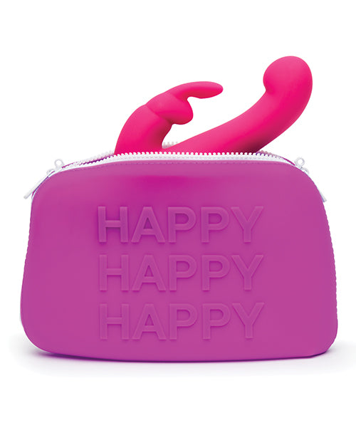 A rabbit vibrator is peeking out the top of the Happy Large Silicone Storage Bag . It looks like it barely fits length-wise, but it has lots of extra room width-wise for other accessories. | Kinkly Shop