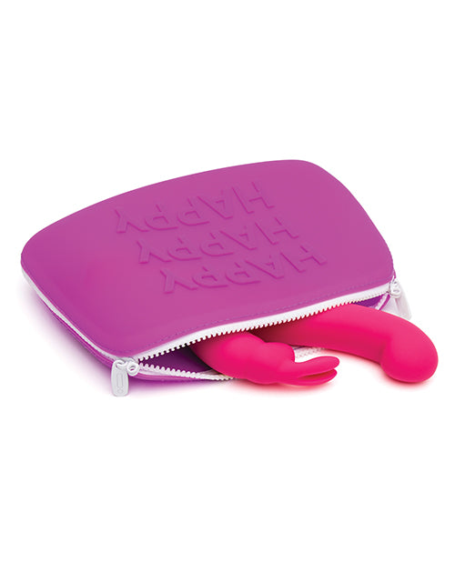 The Happy Large Silicone Storage Bag on its side and open. A rabbit vibrator is peeking out. It fits into the storage bag. | Kinkly Shop