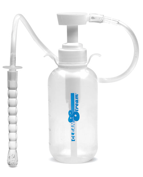The CleanStream Pump Action Enema Bottle shown next to the CleanStream Pump Action Enema Bottle with the cord attached between the two of them. The enema bottle is a cloudy, see-through plastic to see the liquid inside. | Kinkly Shop