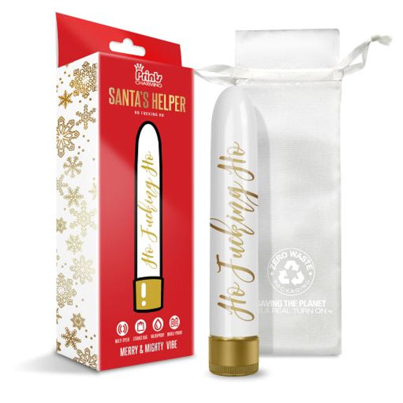 The Santa's Helper "Ho Fucking Ho" vibrator shown next to its drawstring storage bag and the packaging that it comes in. | Kinkly Shop