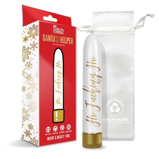 The Santa's Helper "Ho Fucking Ho" vibrator shown next to its drawstring storage bag and the packaging that it comes in. | Kinkly Shop