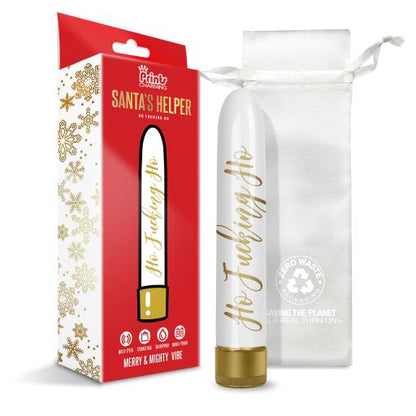The Santa's Helper "Ho Fucking Ho" vibrator shown next to its drawstring storage bag and the packaging that it comes in. | Kinkly Shop