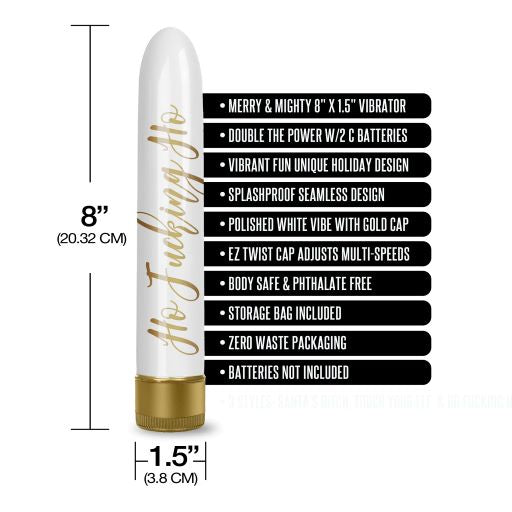 The Santa's Helper "Ho Fucking Ho" shown next to a list of features. Features include: "8 inch by 1.5 inch vibrator. Power with 2 C batteries. Unique holiday design. Splashproof. Polished white vibe with gold cap. EZ twist cap adjusts multi-speeds. Phthalate-free and body safe. Storage bag included. Zero waste packaging. Batteries not included" | Kinkly Shop