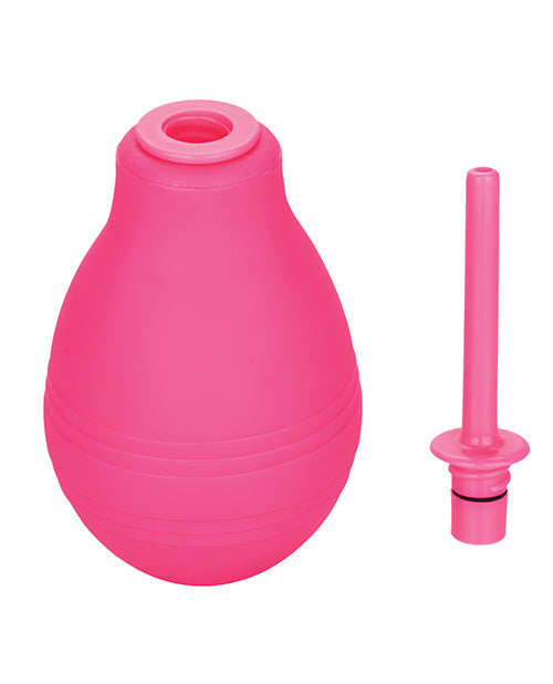 The nozzle and the bulb of the Cheeky One Way Flow Enema Bulb pulled apart, showing how the two are individual pieces. | Kinkly Shop