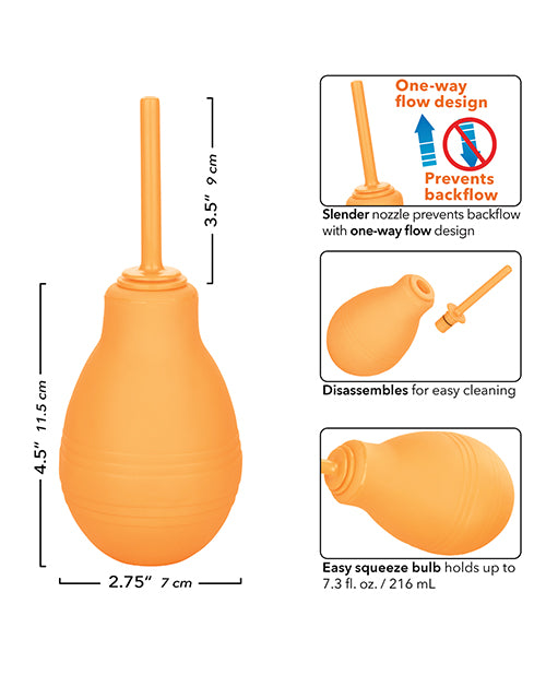 Collage of images showcase various features of the Cheeky One Way Flow Enema Bulb. Text reads: "Slender nozzle prevents backlow with one-way flow design. Disassembles for easy cleaning. Easy squeeze bulb holds up to 216ml" | Kinkly Shop