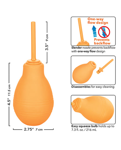 Collage of images showcase various features of the Cheeky One Way Flow Enema Bulb. Text reads: "Slender nozzle prevents backlow with one-way flow design. Disassembles for easy cleaning. Easy squeeze bulb holds up to 216ml" | Kinkly Shop