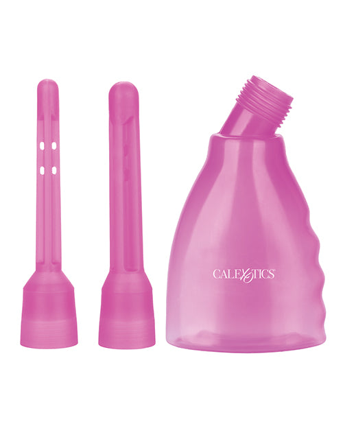 The Ultimate Douche in Pink shown with its two nozzles detached. | Kinkly Shop