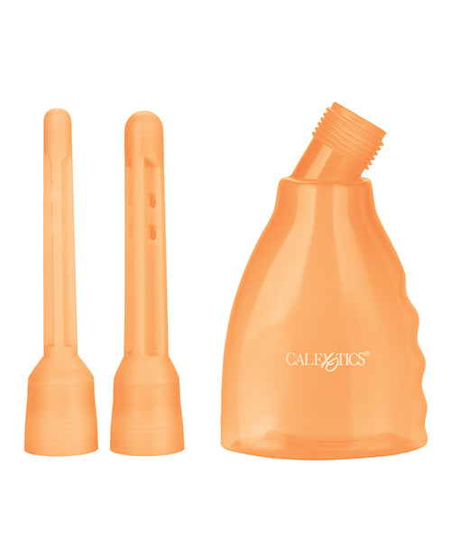 The Ultimate Douche in Orange disassembled and next to the two nozzles. | Kinkly Shop