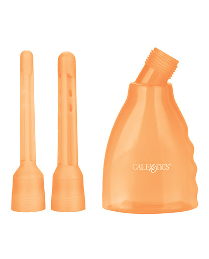 The Ultimate Douche in Orange disassembled and next to the two nozzles. | Kinkly Shop