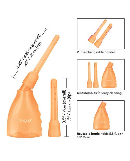 A collage of images of the Ultimate Douche showcase its various features. Text reads: "2 interchangeable nozzles. Disassembles for easy cleaning. Resusable bottle holds 5.5 fluid ounces." | Kinkly Shop