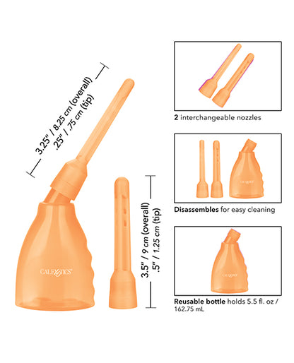 A collage of images of the Ultimate Douche showcase its various features. Text reads: "2 interchangeable nozzles. Disassembles for easy cleaning. Resusable bottle holds 5.5 fluid ounces." | Kinkly Shop