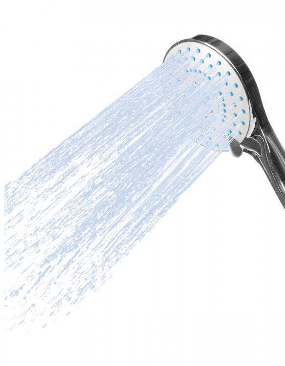 Showcasing the CleanStream Discreet Shower Head with Silicone Enema Nozzle with water pouring through it. The showerhead looks like a standard showerhead with water pouring out and no one would be any the wiser. | Kinkly Shop