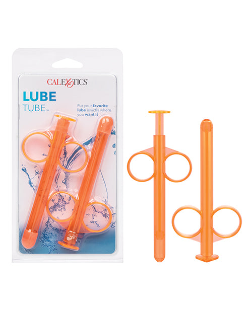 The Lube Tube shown next to its packaging. The Lube Tube comes with two separate lube shooters. | Kinkly Shop