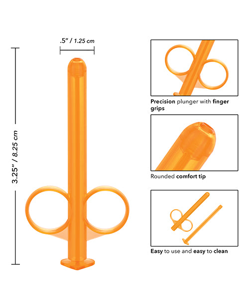 Collage of images showcases the features of the Lube Tube. Text reads: "Precision plunger with finger grips. Rounded comfort tip. Easy to use and easy to clean." | Kinkly Shop