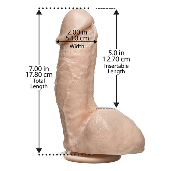 The Doc Johnson Squirting Realistic Cock dildo with measurements superimposed over the various aspects of it. This includes the 2" diameter, 5" insertable length, and 7" total length. | Kinkly Shop
