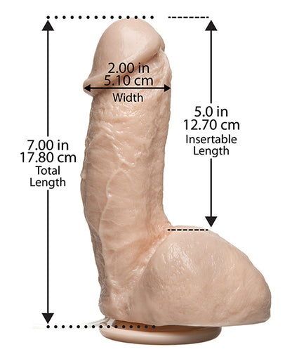 The Doc Johnson Squirting Realistic Cock dildo with measurements superimposed over the various aspects of it. This includes the 2" diameter, 5" insertable length, and 7" total length. | Kinkly Shop
