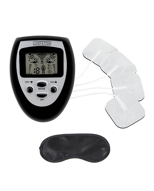 The Lux Fetish Electro-Sex Kit with Stim Pads shown next to the included blindfold | Kinkly Shop