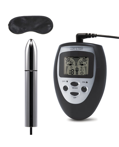 The Lux Fetish Electro-Sex Shock Wand next to the blindfold that also comes with it. | Kinkly Shop