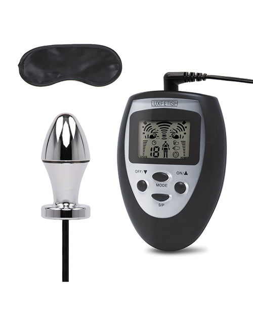 The Lux Fetish Electro-Sex Shock Butt Plug shown next to the blindfold that it comes with. | Kinkly Shop
