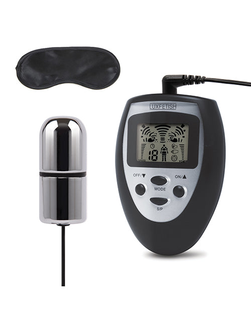 The Lux Fetish Electro-Sex Shock Bullet with the blindfold shown next to it. | Kinkly Shop