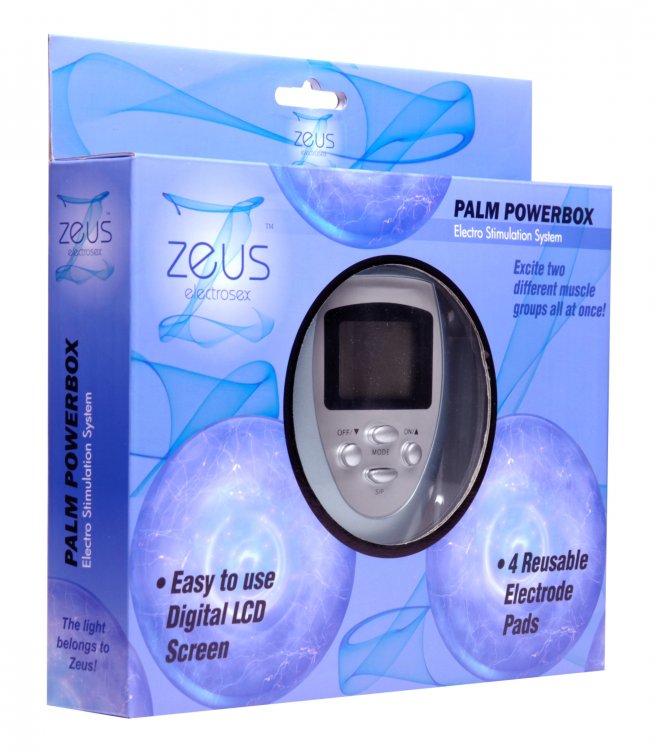 Packaging for the Zeus Palm e-Stim Powerbox | Kinkly Shop