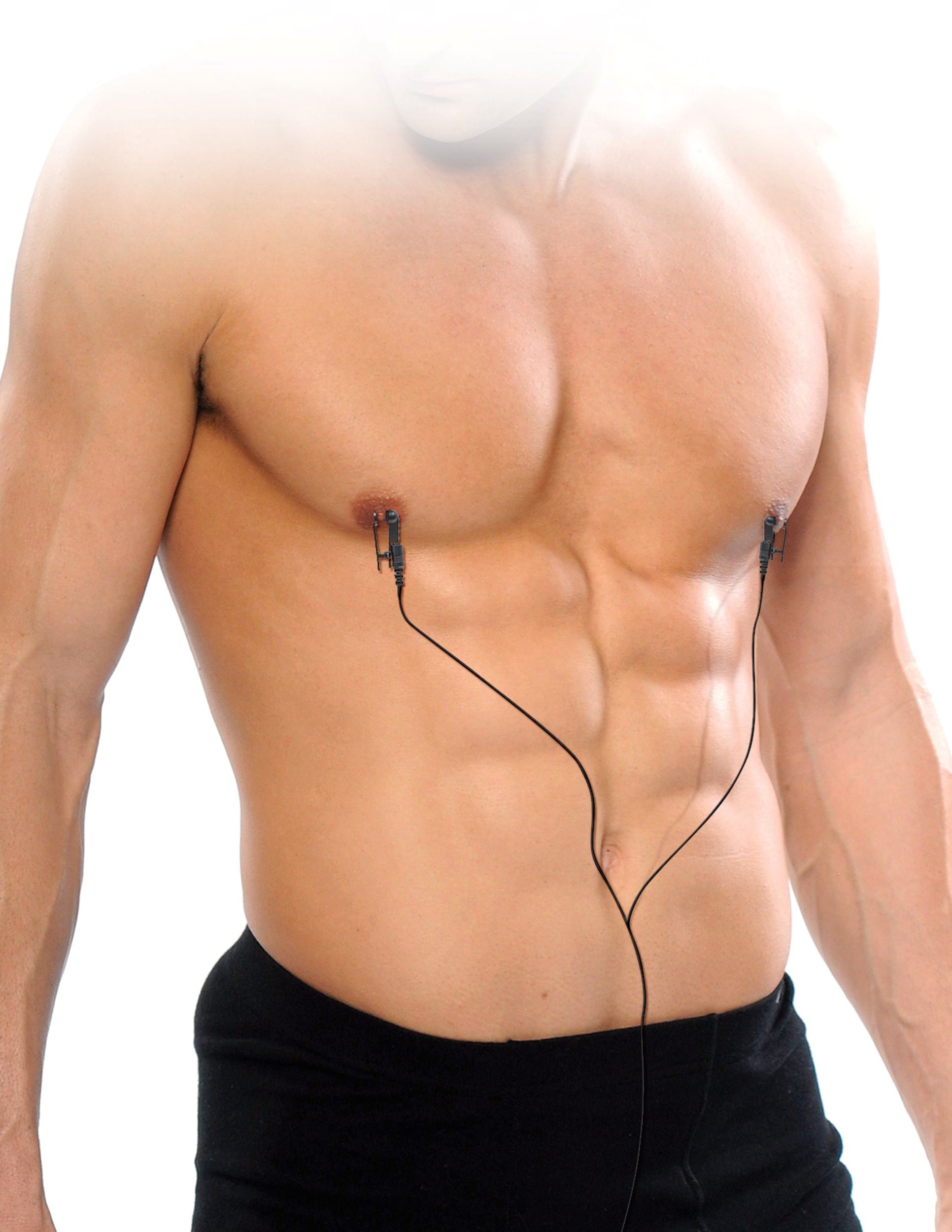 A person wears the Fetish Fantasy Shock Therapy Nipple Clamps on their nipples. The cord hangs off their clamps. | Kinkly Shop