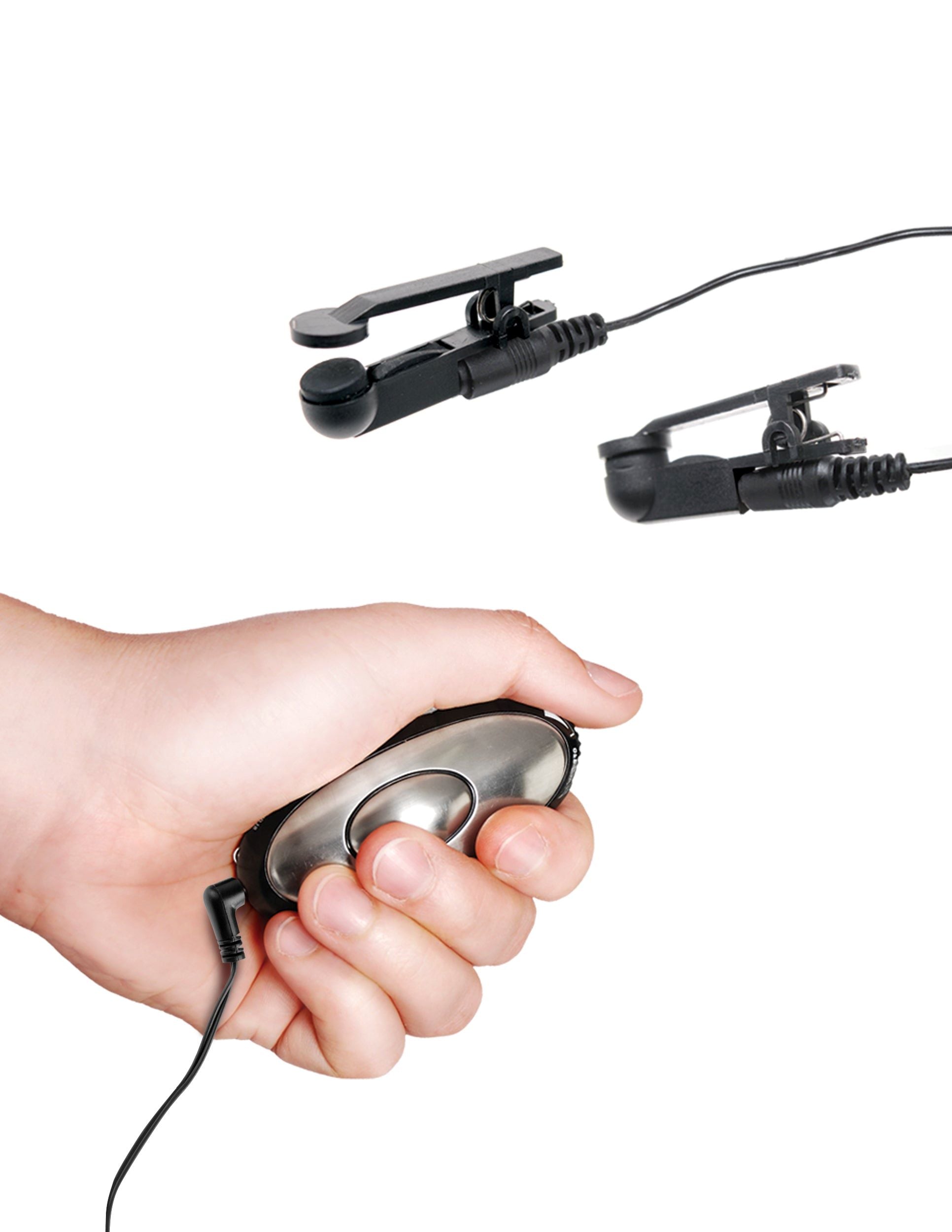 A hand holds the remote for the Fetish Fantasy Shock Therapy Nipple Clamps. It fits comfortably in their palm. | Kinkly Shop