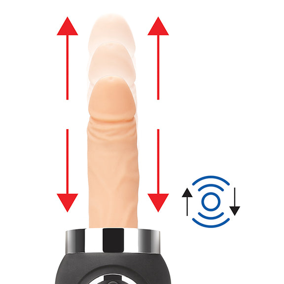 The tip of the dildo of the Lux Fetish Remote-Controlled Rechargeable Compact Thrusting Machine, shown with shadow copies that show the in-and-out thrusting potential of the thrusting machine. | Kinkly Shop