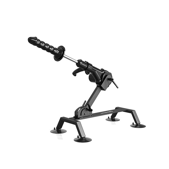 The Body Dock Pro Suction-Cup Machine shown stabilized on its four feet. There's a dildo suction cupped to the body dock at the tip of the machine. | Kinkly Shop