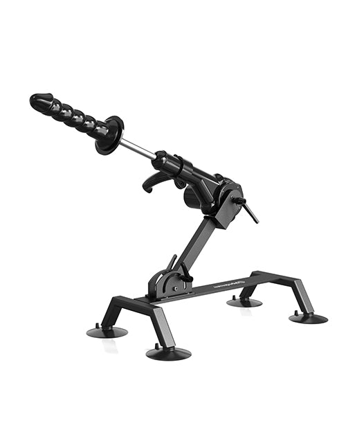 The Body Dock Pro Suction-Cup Machine shown stabilized on its four feet. There's a dildo suction cupped to the body dock at the tip of the machine. | Kinkly Shop