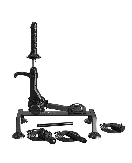 The Body Dock Pro Suction-Cup Machine shown sticking upright. All of the accessories that it comes with are shown around it. | Kinkly Shop