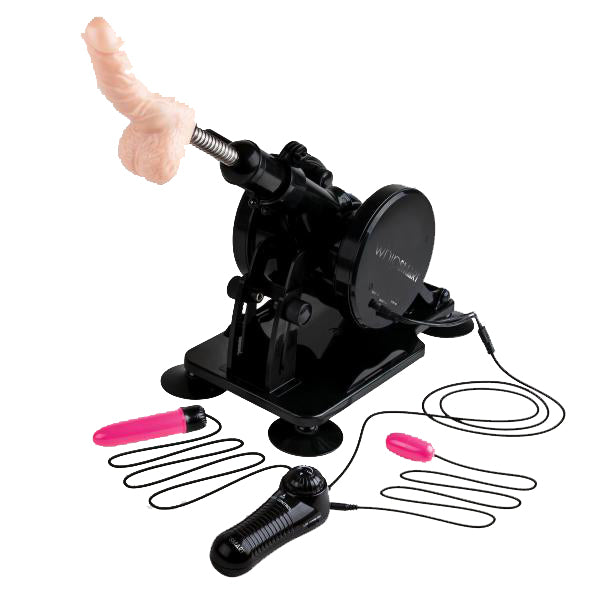 The Whip Smart Deluxe with everything plugged onto it. The dildo is mounted on the sex machine while the vibrator and the vibrating bullet are plugged into the corded remote. | Kinkly Shop
