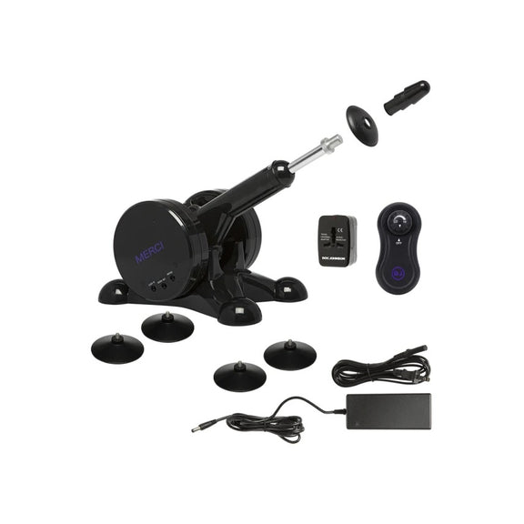 Everything included with the Merci Fuck Machine. It includes the non-slip feet, the power cable, the wireless remote, the power converter, and the screw-on dildo tip. | Kinkly shop