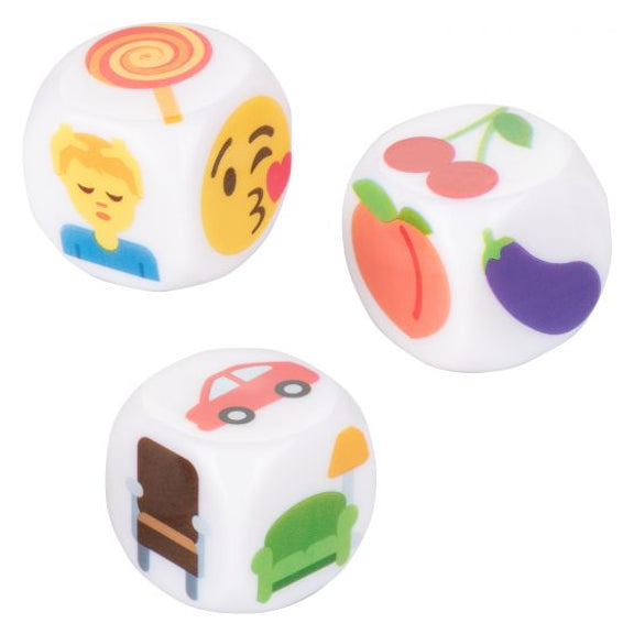 All 3 Emojigasm Dice rolled in front of a plain white background | Kinkly Shop